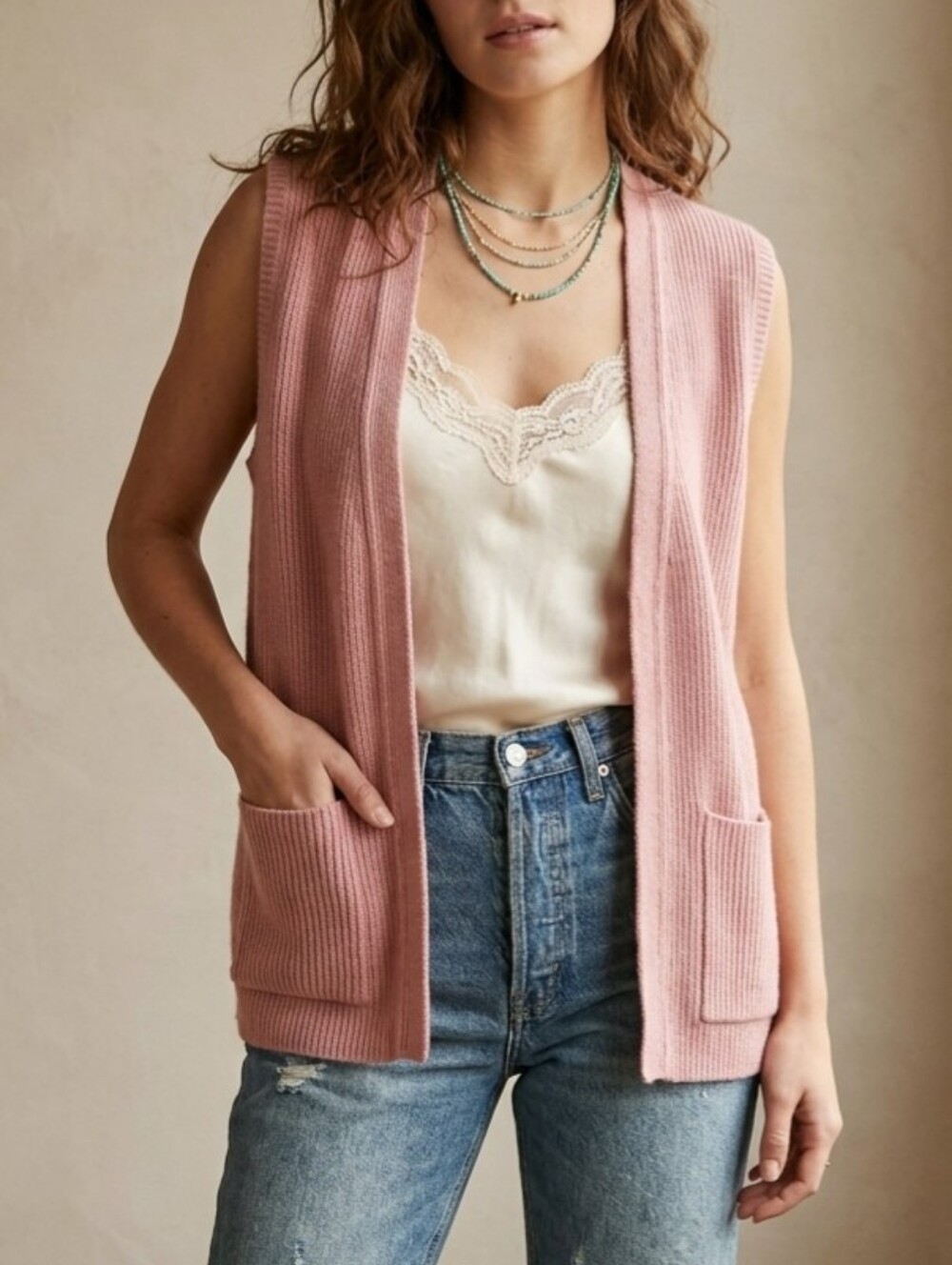 Sz M Vintage 1970s Helen Harper Ribbed Dusty Rose Pink Open-Front Cardigan Vest